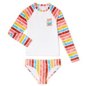 Wonder Nation Rashguard Swimsuit Set Girls Size XL White Stripe Graphic UPF 50+